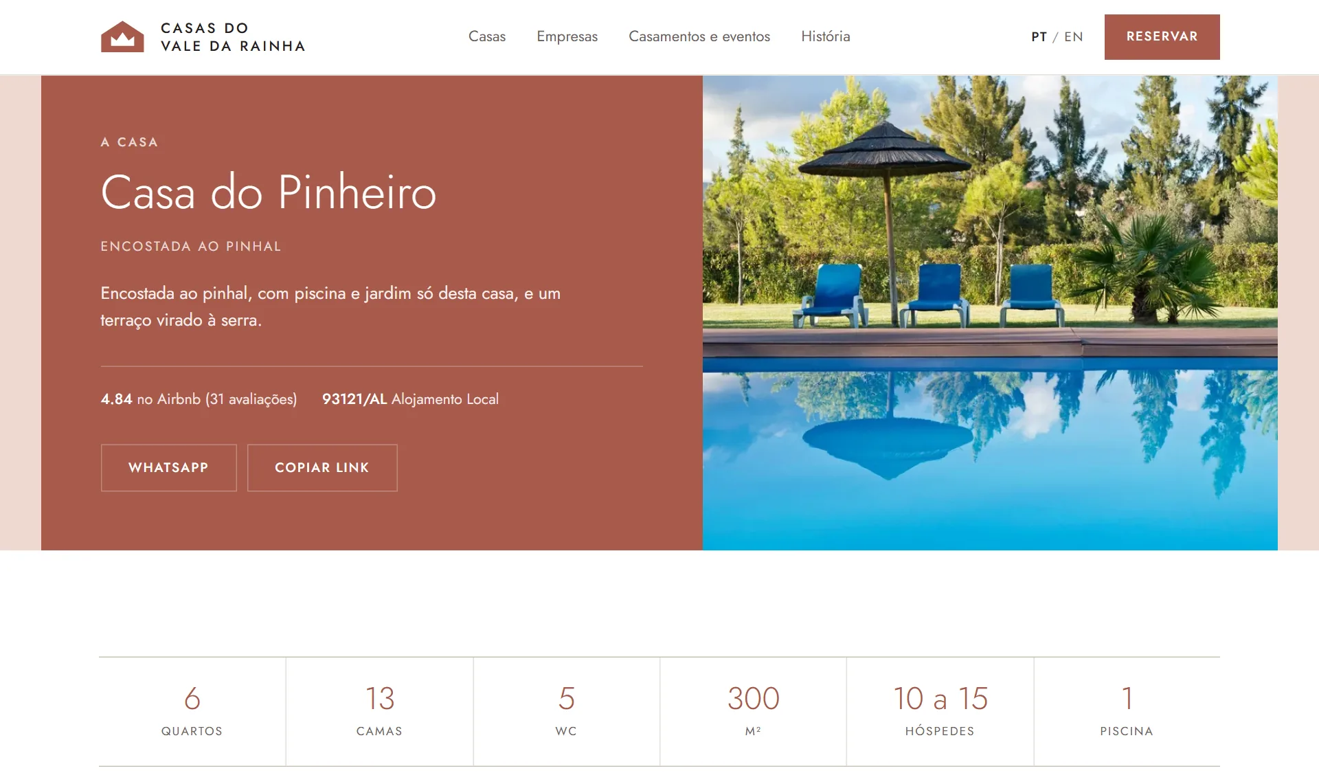A página da Casa do Pinheiro no computador, com a piscina, o número de registo e os quartos, camas e hóspedes da casa.
