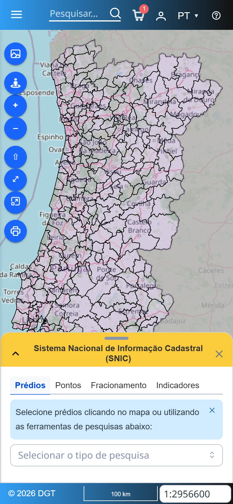 O visualizador do SNIC no telemóvel, com o painel de pesquisa em baixo.