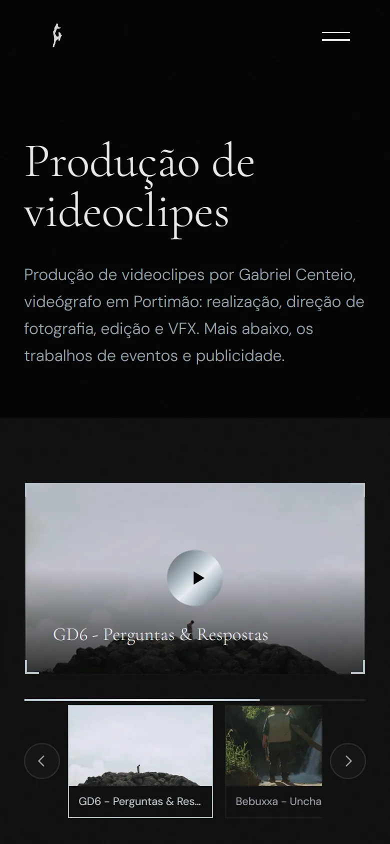 A página de produção de videoclipes no telemóvel, com o leitor de vídeo e a lista de videoclipes.